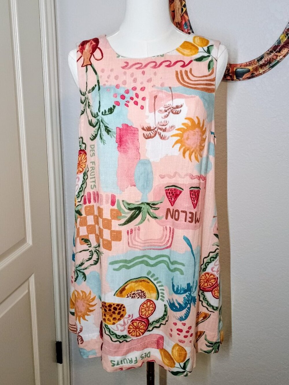 Paper Heart Linen Blend Fruit Print Mini Shift Dress Vacation Resort Medium